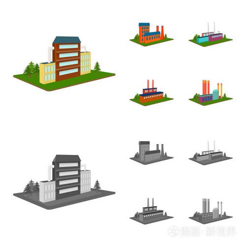 加工厂, 冶金厂.工厂和行业集合图标在卡通, 单色风格等距矢量符号股